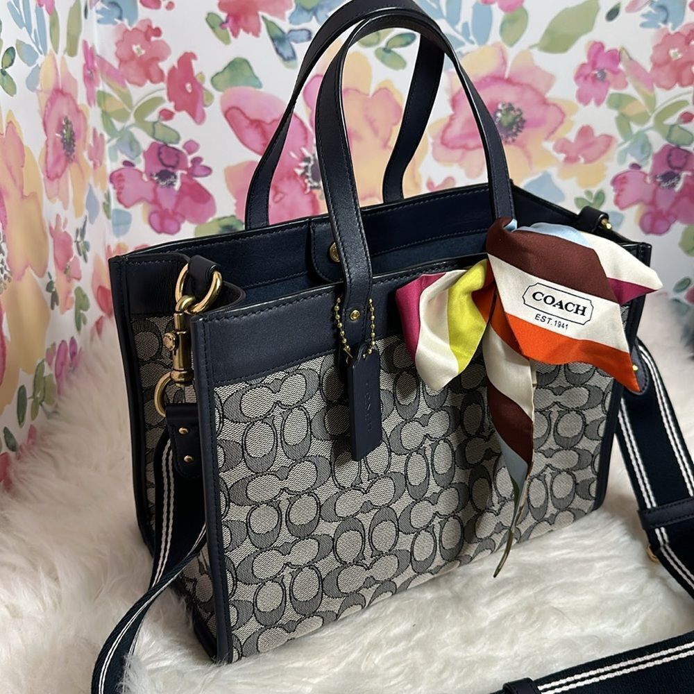 Coach Signature Jacquard Field Tote 30 Navy Blue Crossbody Bag - Picture 10 of 17